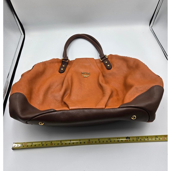 MCM Leather Satchel Handbag Purse Cognac Brown Top Handle Designer Bag - Picture 5 of 16